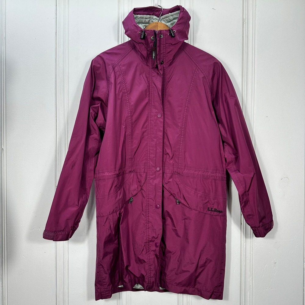 LL Bean Rain Parka Jacket Womens Small Purple Longline Hooded Nylon Small Flaw